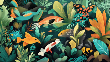 Explore this abstract illustration showcasing vibrant wildlife habitats, featuring a blend of colorful fish and lush greenery that emphasizes biodiversity and environmental beauty.の素材