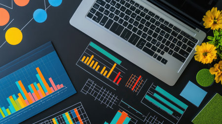 A top-down view of a modern workspace featuring a laptop and colorful graphs, enhancing investment analysis and business strategy planning.の素材