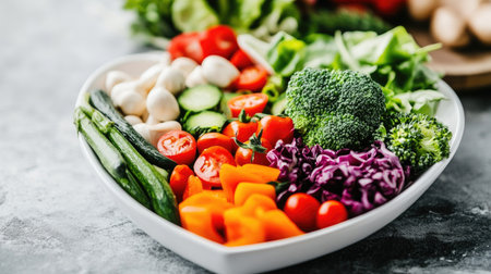 A vibrant heart-shaped platter filled with an assortment of fresh vegetables, perfect for a healthy meal or a colorful salad presentation. Celebrate nutrition!の素材