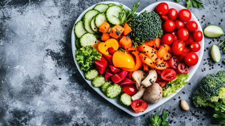This heart-shaped platter features a vibrant assortment of fresh vegetables, perfect for healthy eating. Ideal for salads, garnishes, and colorful presentations.の素材