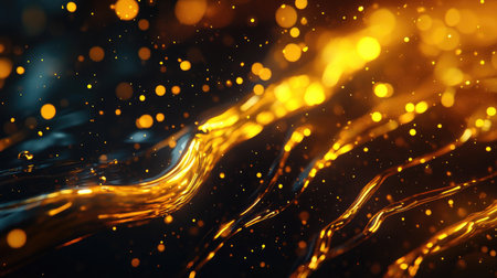 Explore the enchanting blend of golden organic shapes suspended in a dark liquid environment. This abstract imagery captures mesmerizing light and fluid motion, perfect for creative projects.の素材