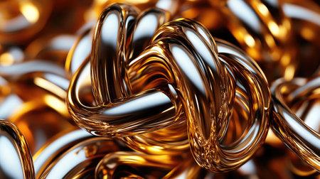 This stunning image showcases a close-up of intricate glimmering golden chains, emphasizing their shiny and reflective surfaces in a mesmerizing 3D design.の素材