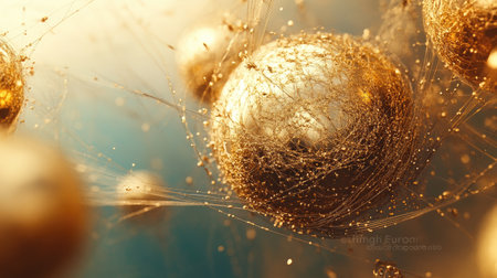 Discover a mesmerizing abstract composition featuring golden spheres intertwined with delicate filaments, creating a luminous and captivating atmosphere. Perfect for artistic projects.の素材