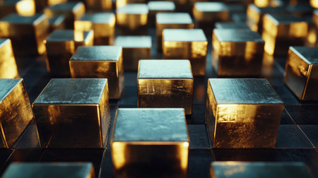 This image features golden metallic cubes arranged in a 3D grid, showcasing reflections and textures that create a striking visual effect perfect for modern designs.の素材