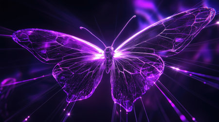 Experience a stunning abstract 3D butterfly radiating cosmic energy, blending vibrant colors and intricate details for a mesmerizing visual effect.の素材