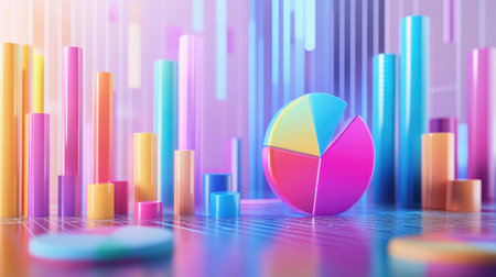 Dynamic 3D visualization featuring colorful pie charts and bar graphs. Ideal for representation of data analytics, business performance, or marketing strategies.の素材