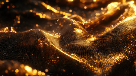 High-quality closeup of luxurious golden mesh fabric shimmering with a glossy finish. Perfect for elegant designs and creative art projects.の素材