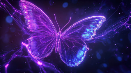 A stunning digital depiction of a neon cosmic butterfly, glowing with ultra violet rays. Perfect for themes of beauty, nature, and surreal visuals.の素材