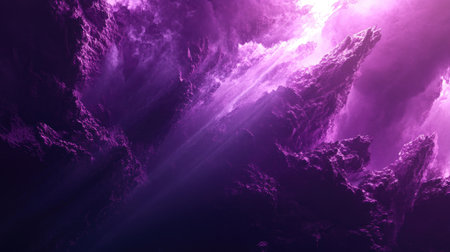 Explore an enchanting 3D render showcasing ethereal purple light rays cutting through dramatic rock formations, creating a captivating and surreal atmosphere.の素材