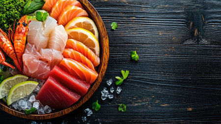 A top view of beautifully sliced sashimi arranged on a dark wooden table, featuring fresh seafood garnished with lemon and herbs, perfect for food styling.の素材