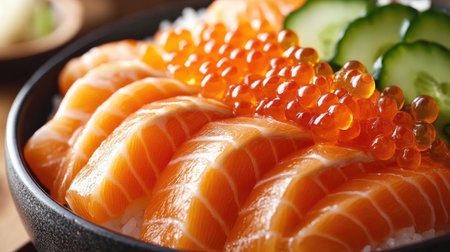 Indulge in a beautifully arranged salmon donburi bowl featuring fresh slices of salmon, vibrant roe, and crisp vegetables, perfect for any meal.の素材