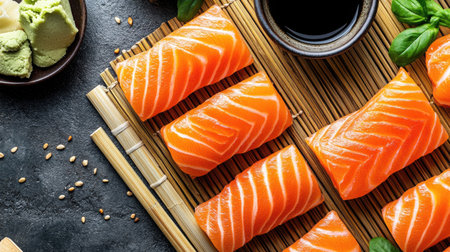 Indulge in this vibrant close-up of fresh salmon sashimi slices arranged on a bamboo mat, accompanied by wasabi and soy sauce. Perfect for food enthusiasts!の素材