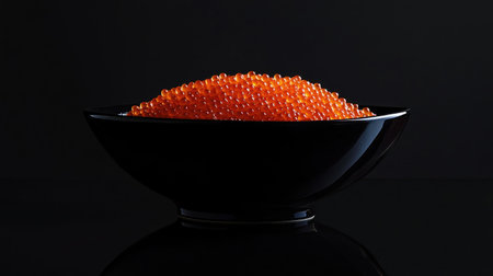 A striking image of fresh salmon roe presented in a sleek black bowl, showcasing vibrant orange pearls. Perfect for culinary and food photography.の素材