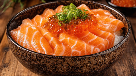 A beautifully arranged donburi bowl featuring thick slices of fresh salmon topped with vibrant roe, served over rice. Ideal for food lovers and culinary enthusiasts.の素材