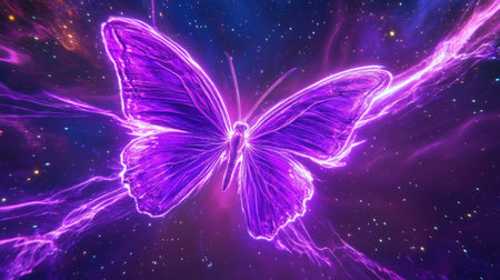 A breathtaking cosmic butterfly emerges from a vibrant space background, illuminated by neon rays in ultra violet colors, creating a surreal visual experience.の素材