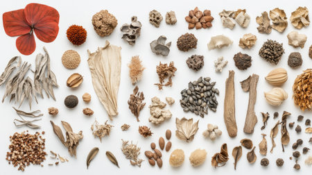Explore a diverse collection of dried plant materials and seeds, showcasing natural textures and colors. Ideal for educational or artistic projects.の素材