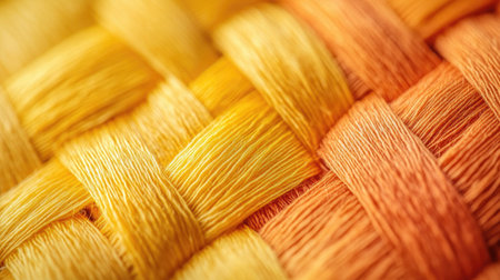 This close-up image showcases vibrant interwoven textures in yellow and orange, highlighting the intricate details and warm colors that create an inviting visual appeal.の素材