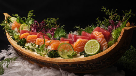 A beautifully arranged traditional sashimi display presented in a decorative boat, featuring vibrant slices of fish, garnished with herbs and lime, perfect for culinary artistry.の素材