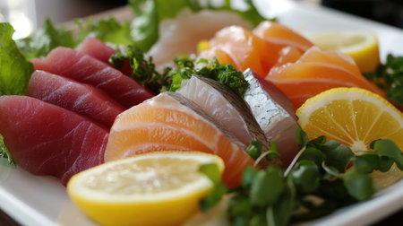 A colorful sashimi platter showcasing fresh slices of salmon and tuna, garnished with lemon and greens. Perfect for seafood lovers and culinary presentations.の素材