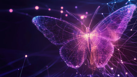 Explore a cosmic neon butterfly radiating glowing rays, representing beauty and transformation through ethereal digital artistry. Perfect for nature and technology themes.の素材