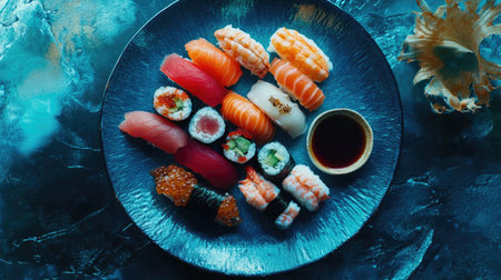 A stunning arrangement of assorted sushi rolls presented on a plate, showcasing a variety of colors and flavors, perfect for any food enthusiast.の素材