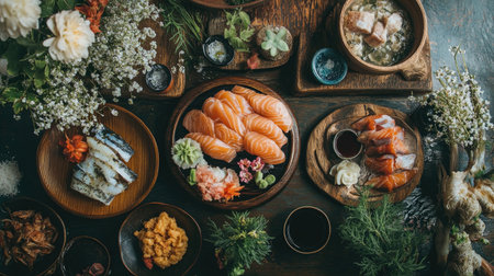 Delight in a beautifully arranged Japanese meal spread featuring fresh sushi and sashimi, surrounded by vibrant herbs and flowers, perfect for sharing.の素材