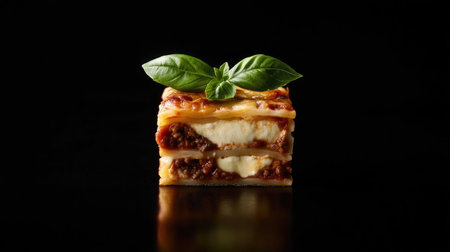 This exquisite single serving of lasagna is beautifully presented, featuring layers of pasta, meat, and cheese, garnished with fresh basil, perfect for any meal.の素材