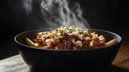 Capture the essence of comfort food with this steaming bowl of poutine, featuring crispy French fries smothered in rich gravy and topped with cheese curds.の素材