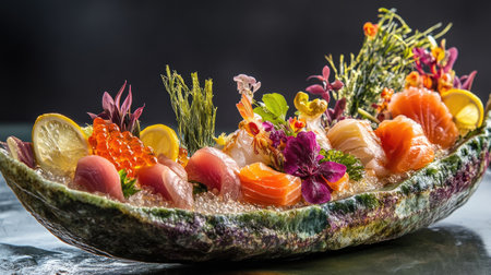 This stunning image showcases a beautiful sashimi arrangement presented on a decorative boat, featuring an assortment of fresh seafood adorned with colorful herbs and edible flowers.の素材