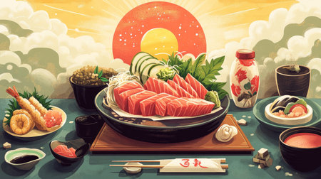 Experience the artistry of a traditional Japanese kaiseki meal, showcasing fresh sushi and sashimi. This vibrant culinary presentation emphasizes harmony and seasonal ingredients.の素材