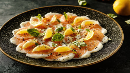 Delight in this elegant fish carpaccio featuring fresh slices garnished with lemon and basil. A perfect dish for fine dining experiences.の素材