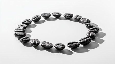 This image showcases a symmetrical arrangement of roasted coffee beans forming a circle on a clean background, highlighting minimalist design and texture.の素材