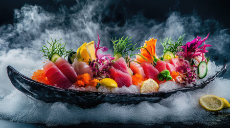 A stunning assortment of sashimi arranged beautifully on a dark background, highlighted by vibrant colors and garnishes. Perfect for showcasing gourmet seafood dishes.の素材