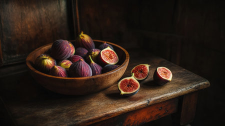 A charming rustic wooden table features a bowl of fresh figs. This still life composition highlights natural textures and vibrant colors, perfect for culinary themes.の素材
