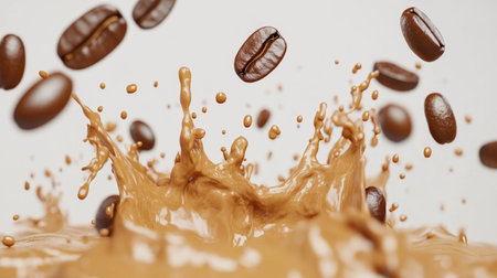 A dynamic splash of hot coffee surrounded by flying coffee beans captures the energy and richness of this beloved beverage. Perfect for coffee enthusiasts and culinary art lovers.の素材