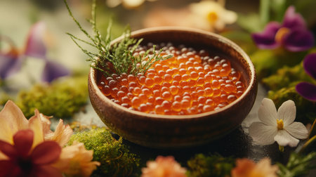 A small bowl of salmon roe, beautifully arranged with vibrant flowers and greenery, showcasing gourmet cuisine and culinary elegance. Perfect for food photography.の素材