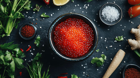 A small bowl of vibrant salmon roe surrounded by fresh ingredients, showcasing a culinary masterpiece ideal for gourmet dishes or appetizers.の素材