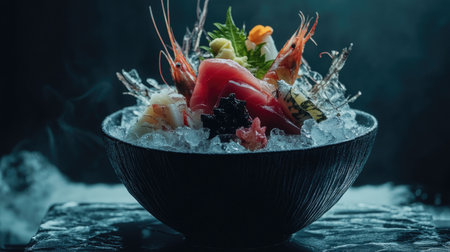 A stunning display of fresh sashimi served on ice, featuring vibrant tuna and shrimp, perfect for showcasing gourmet seafood dishes in a restaurant setting.の素材
