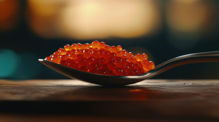 A close-up view of a spoonful of fresh ikura salmon roe, showcasing its vibrant orange hue and glossy texture, perfect for culinary presentations or gourmet dishes.の素材