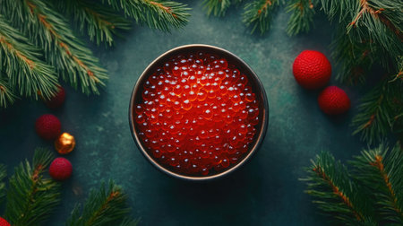 A small bowl filled with vibrant salmon roe, elegantly placed on a rustic background, surrounded by fresh greens and festive decorations, perfect for culinary presentations.の素材