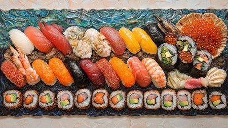 Stunning sushi platter featuring a vibrant assortment of fresh seafood and rolls, artfully arranged for a delightful dining experience. Perfect for sushi lovers.の素材