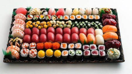 A beautifully arranged sushi platter featuring a variety of rolls and sashimi, perfect for events and celebrations. A feast of colors and flavors!の素材