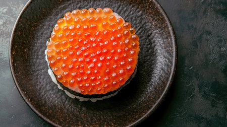 Discover a stunning top view of a sushi roll topped with vibrant ikura. This culinary delight showcases fresh ingredients and elegant presentation, perfect for food lovers.の素材