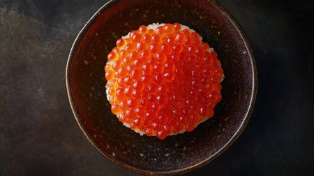 Discover a captivating top view of a sushi roll, elegantly topped with bright ikura. This image showcases the vibrant colors and textures, perfect for food enthusiasts.の素材