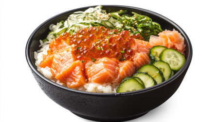 A vibrant traditional salmon donburi bowl featuring fresh vegetables and succulent salmon slices over rice, perfect for a tasty meal or gourmet dining experience.の素材