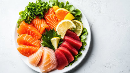 A vibrant seafood platter showcasing an assortment of fresh fish, garnished with greens and lemon slices, perfect for a healthy meal or dining experience.の素材