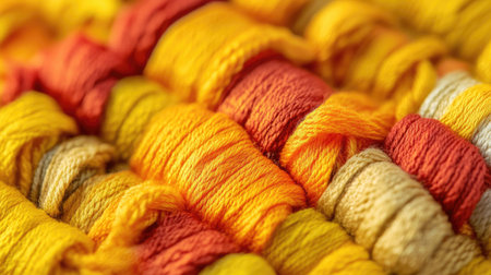 A close-up view of vibrant yellow and orange threads, showcasing their texture and warmth. Perfect for crafting, sewing, or textile design inspirations.の素材