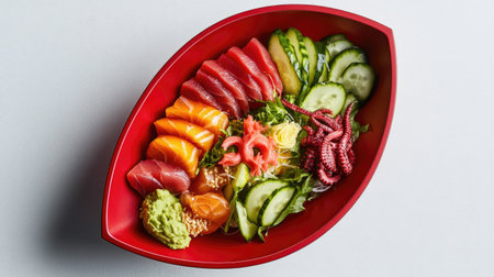 A stunning red boat filled with an assortment of fresh sushi, sashimi, and vegetables, showcasing vibrant colors and culinary artistry for a delightful meal experience.の素材