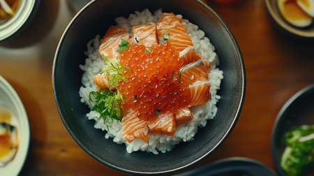 A vibrant top-down shot of a fresh salmon donburi featuring raw salmon and fish roe atop a bed of seasoned rice, perfect for food lovers.の素材