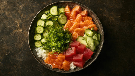 A vibrant traditional chirashi bowl featuring fresh salmon, tuna, cucumber, and green onions, beautifully arranged over a bed of rice. Perfect for food enthusiasts.の素材
